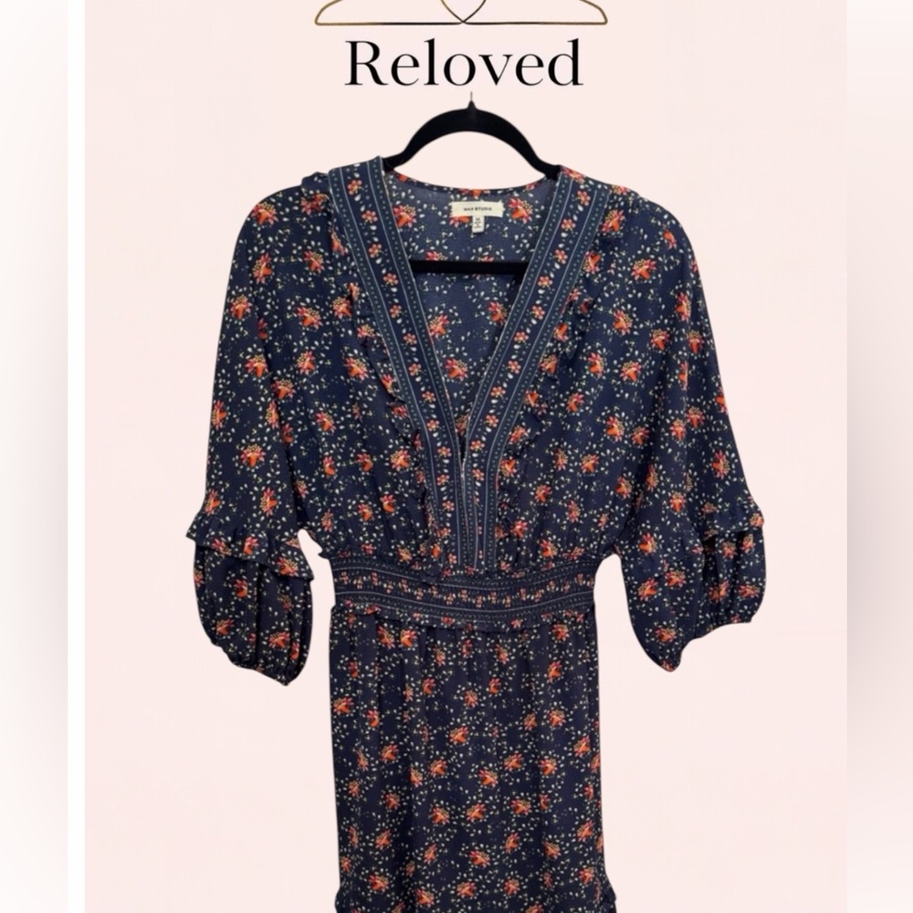 Max Studio Navy Floral Long Sleeve Dress